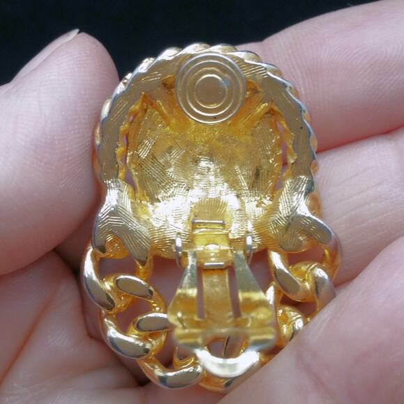 Vintage Lion Head Earrings Door Knocker Clip On Gold Tone Cuban Chain Link Loop - Picture 7 of 10